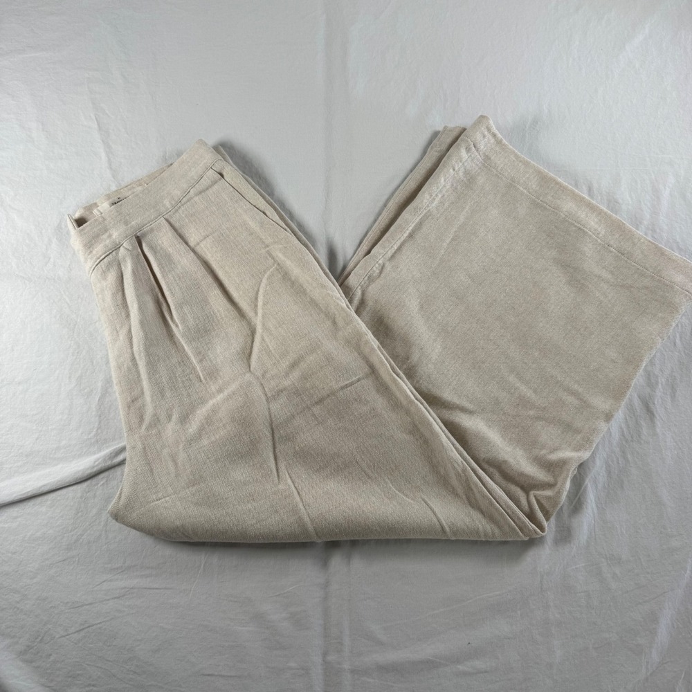 Trovata Women's Size 6 Beige Cotton Linen Herringbone Pleated Wide Leg Pants